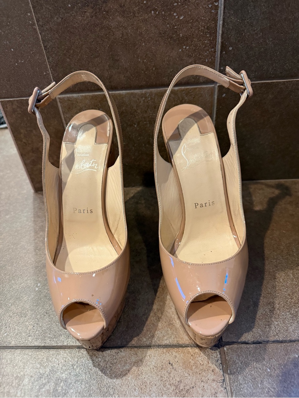 Christian Louboutin Nude Patent Peep-Toe Slingback Wedges